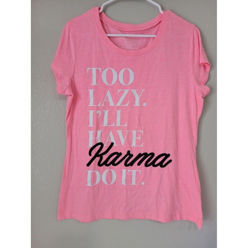Wound Up Women’s XXL Pink Graphic T-Shirt Too Lazy Karma Short Sleeve Casual Tee